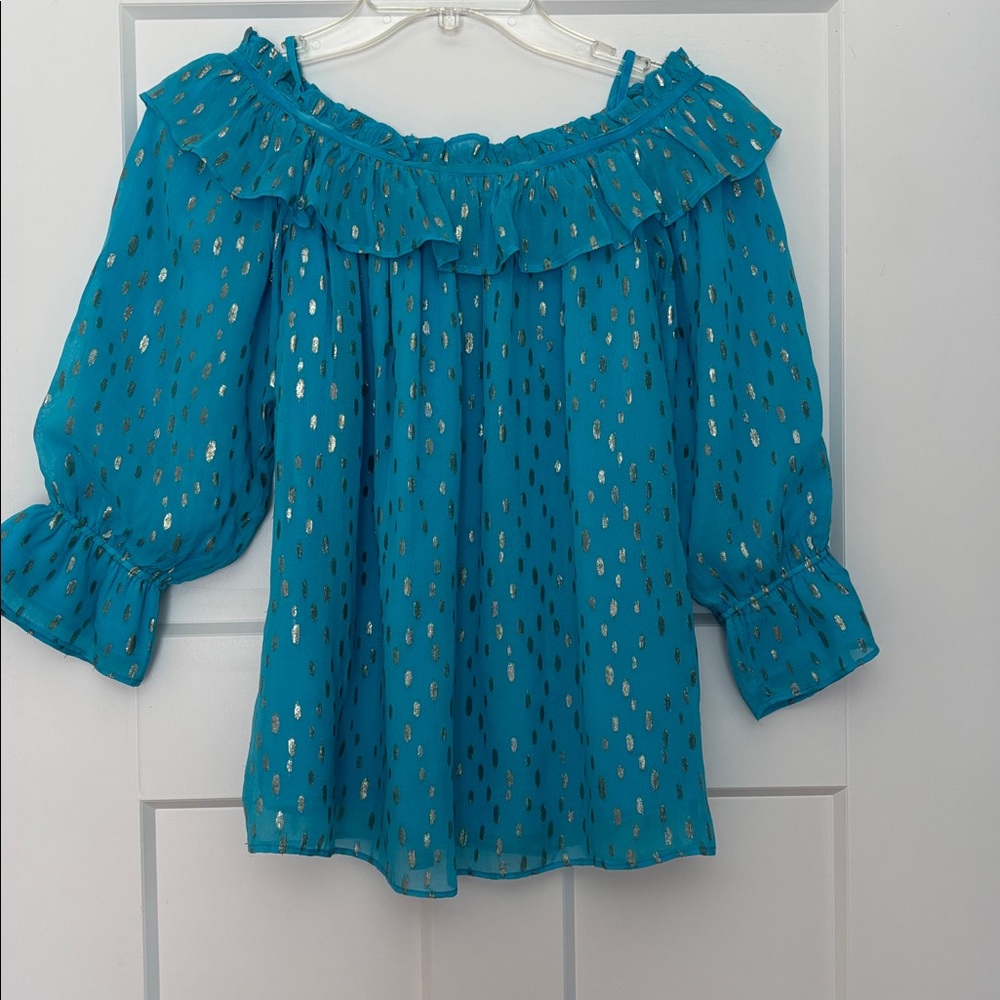 Lilly Pulitzer Blue and Gold Off-Shoulder Blouse